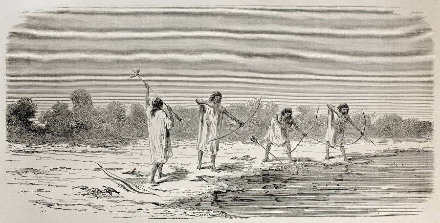 Old illustration of southern American Chontaquiros natives bowfishing, Peru. Created by Riou, published on Le Tour du Monde, Paris, 1864