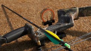 picture of a part of a compound bow resting on the ground