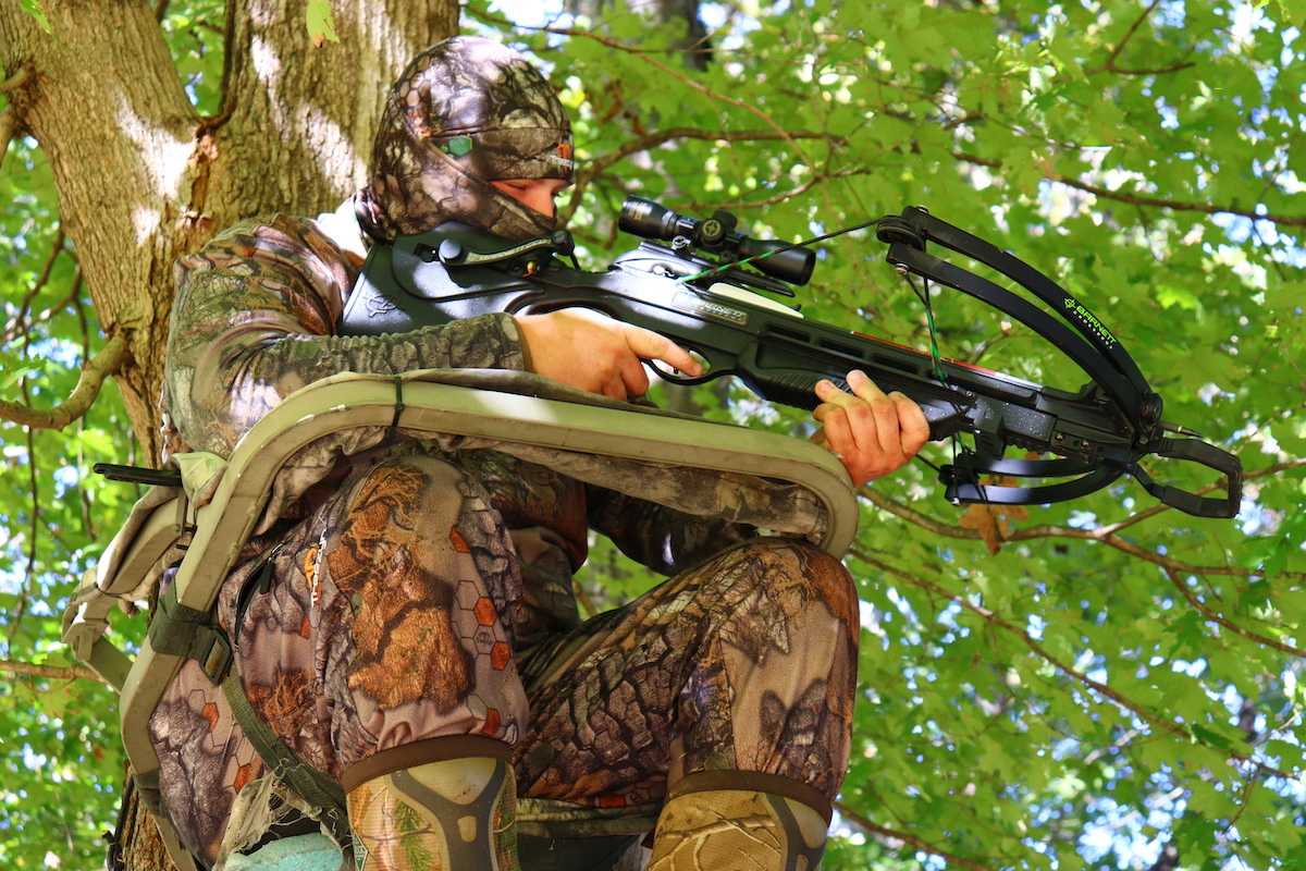 A crossbow hunter in a treestand