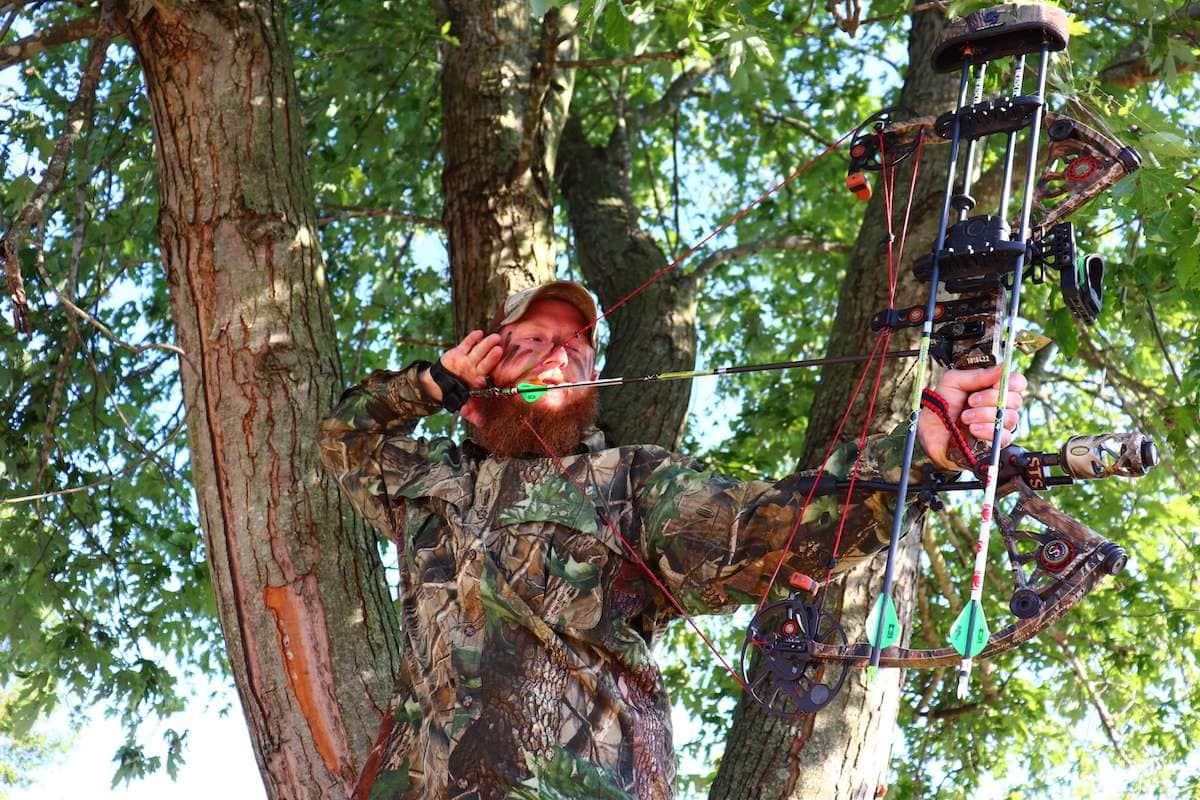 a compound bow hunter in a tree aiming at full draw