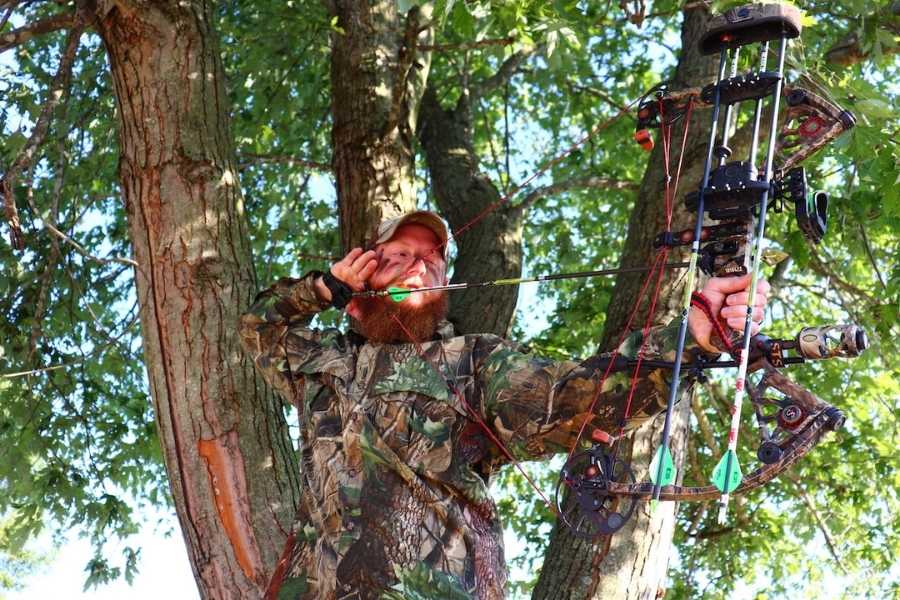 hunter in stand aiming with compound bow