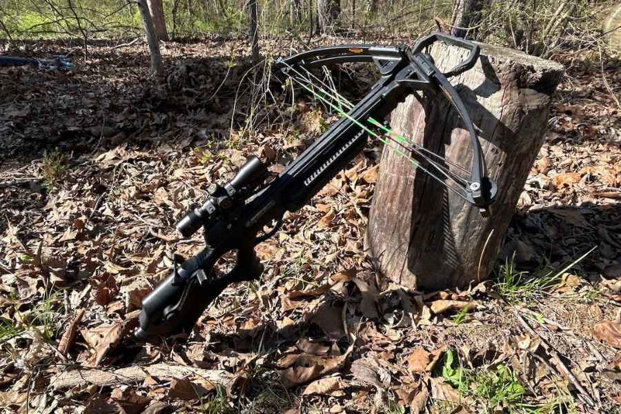 a crossbow leaning on a tree stumb